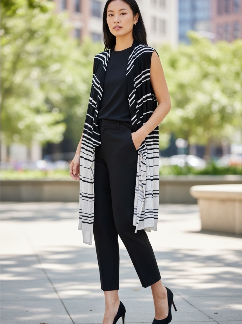INC International Concepts Black and White Striped Sleeveless Duster Cardigan